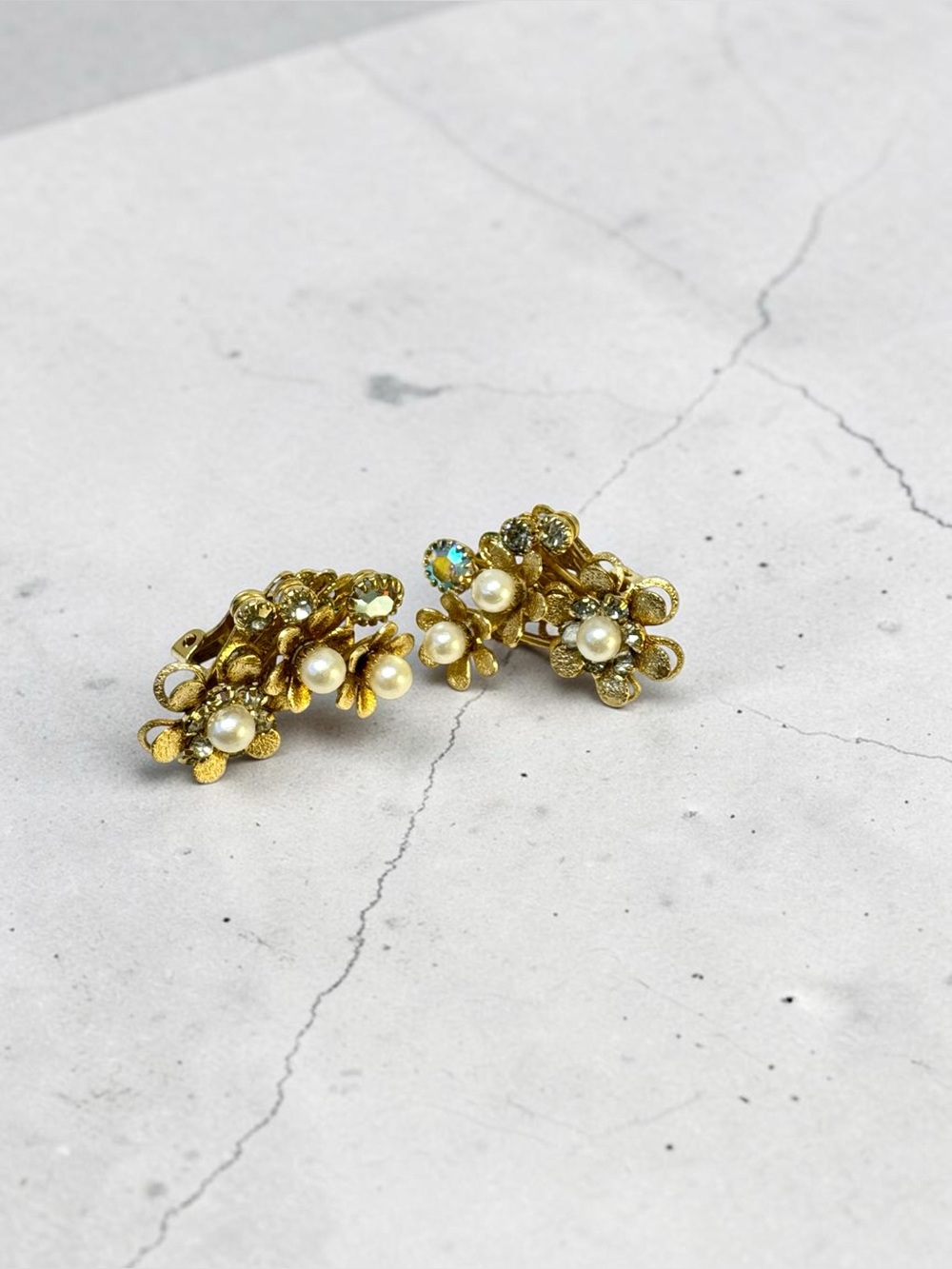 Gold Floral Pearl Cluster Clip-On Earrings